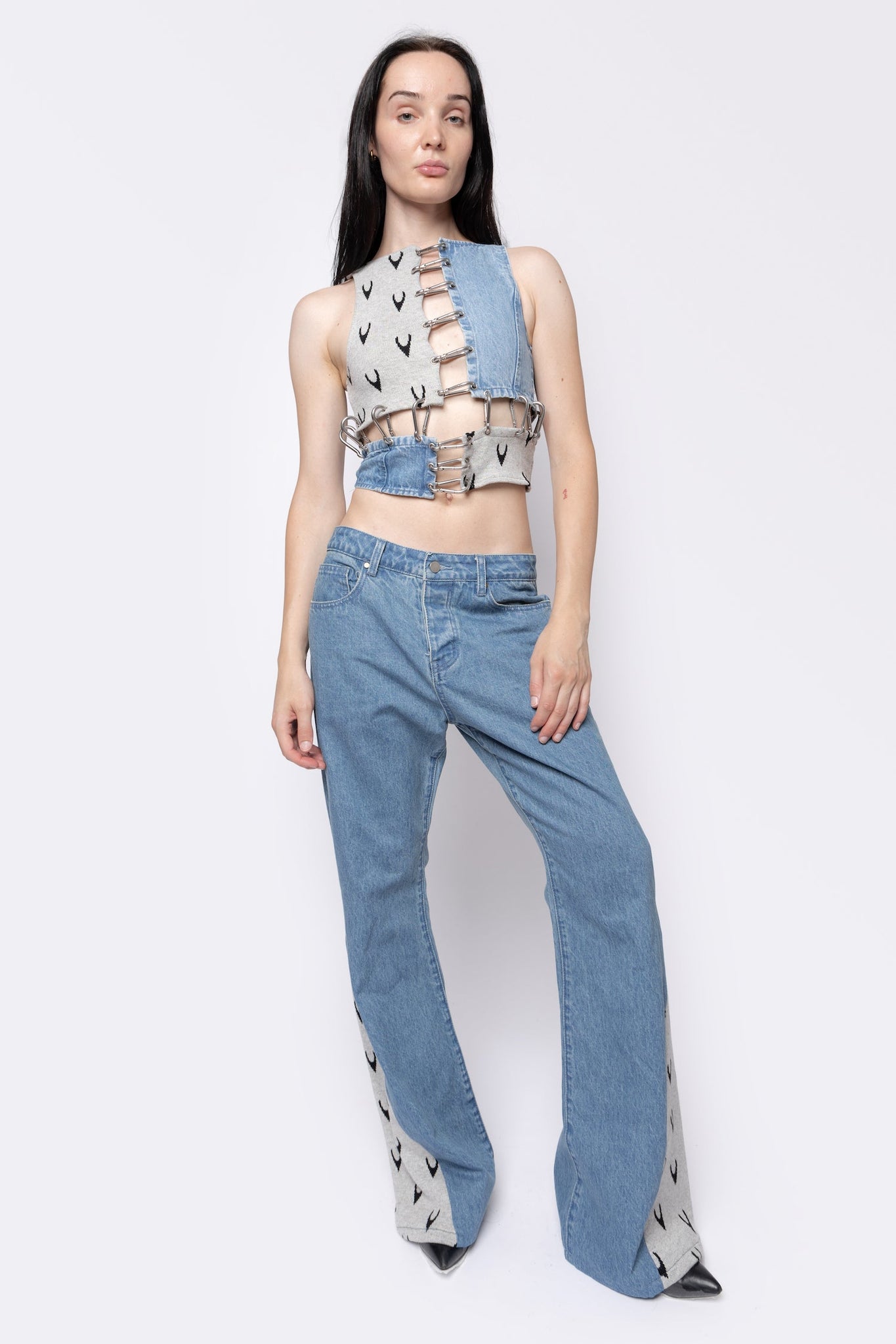 FANG Top Jacquard Knit/ Denim Mix Media FANG Sleeveless Top 