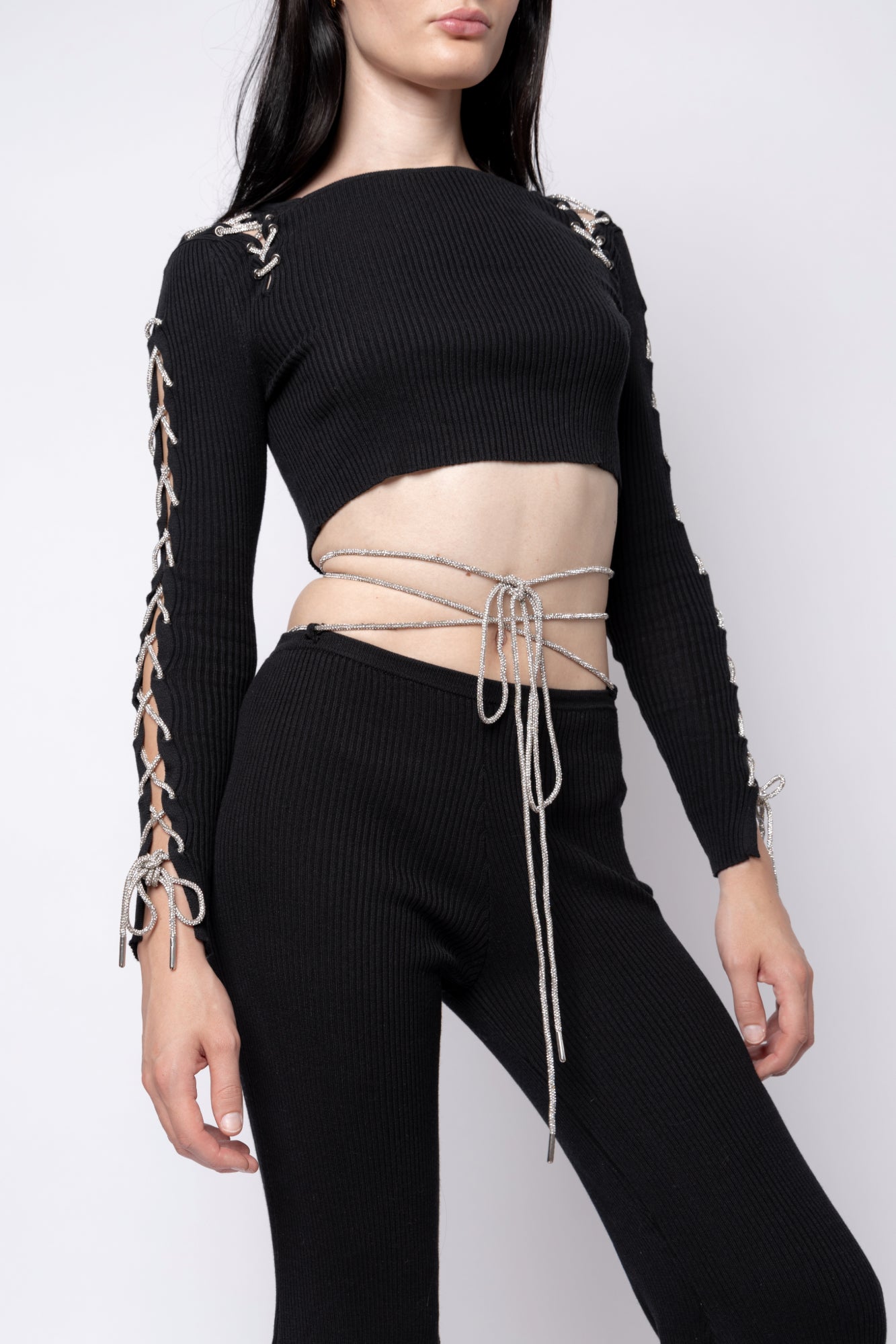 Rhinestone Lace Up Flare Pants