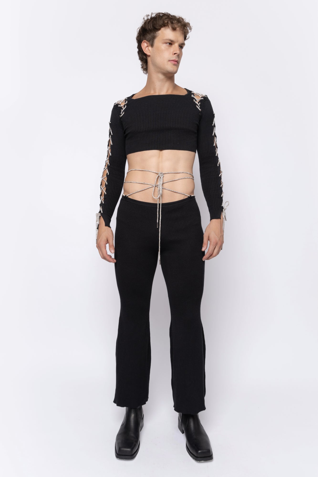 Rhinestone Lace Up Flare Pants