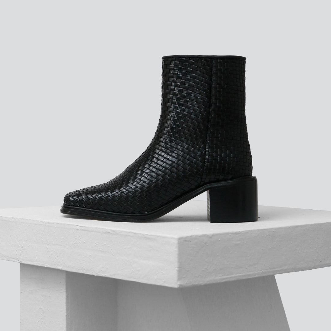 AURIA - Black Woven Leather Ankle Boots