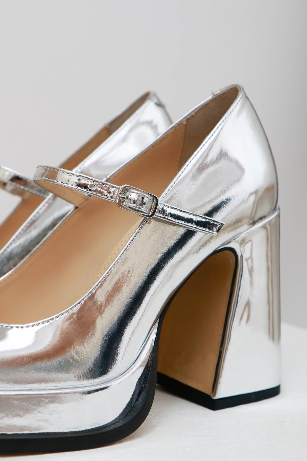 Souliers Martinez Shoes CASILDA - Silver Mirror Leather Mary Jane Pumps 