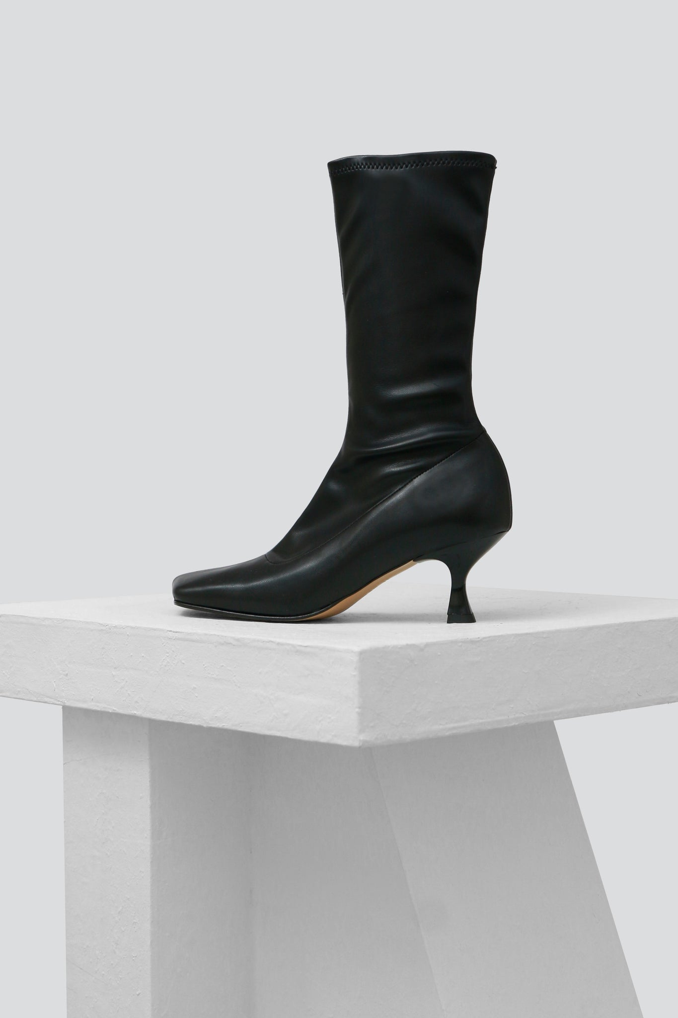LOLA - Black Stretch Faux Leather Ankle Boots