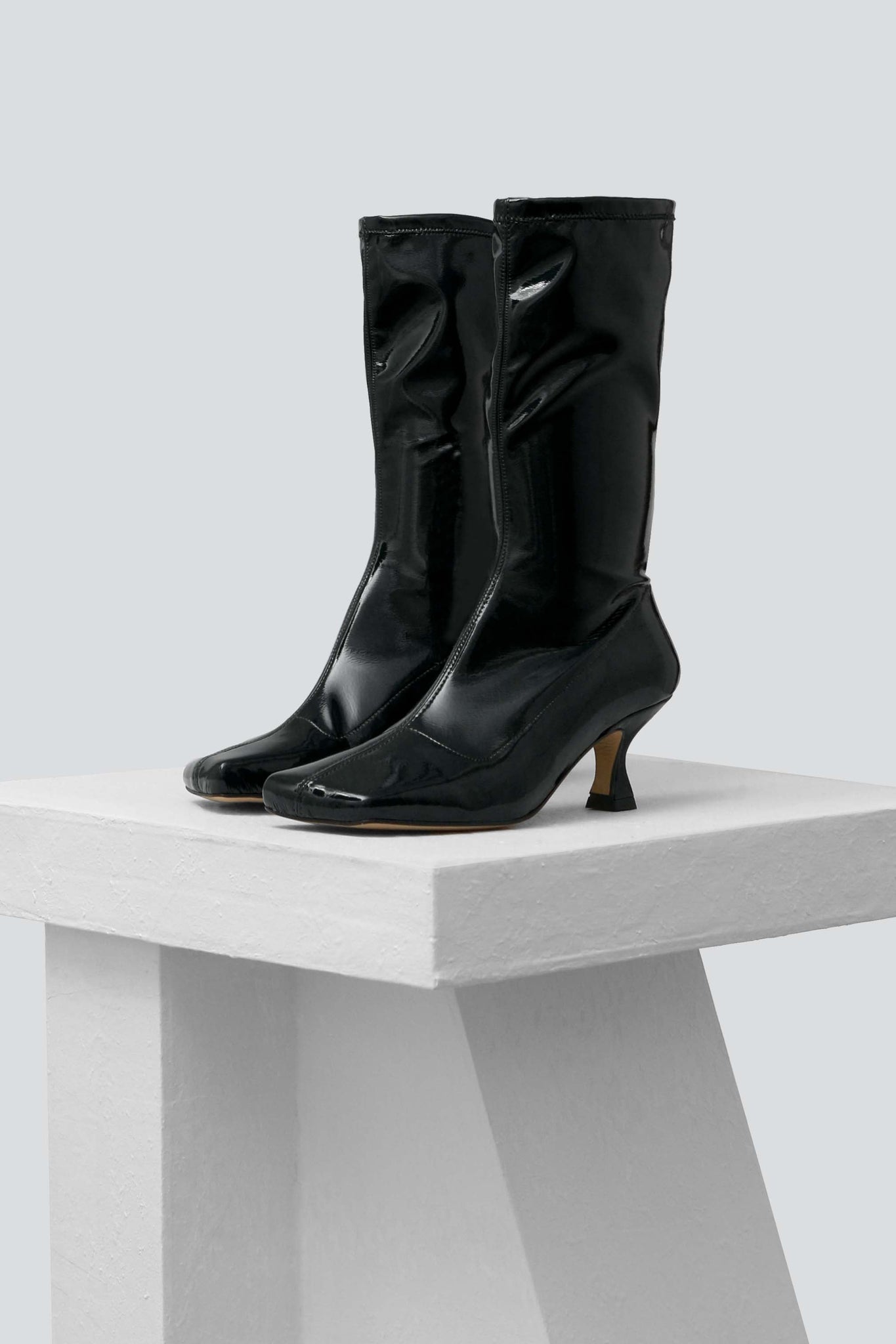 LOLA - Black Patent Stretch Faux Leather Ankle Boots