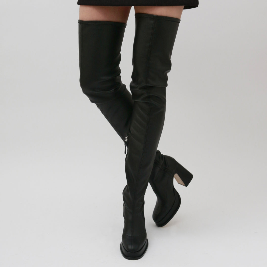 Souliers Martinez Shoes VELVET - Black Faux Stretch Leather Thigh-High Boots 