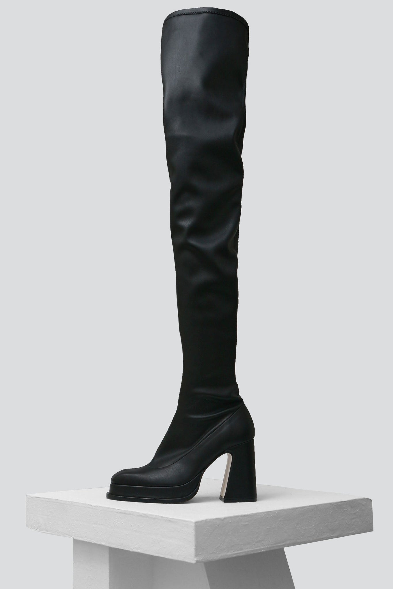 VELVET - Black Faux Stretch Leather Thigh-High Boots