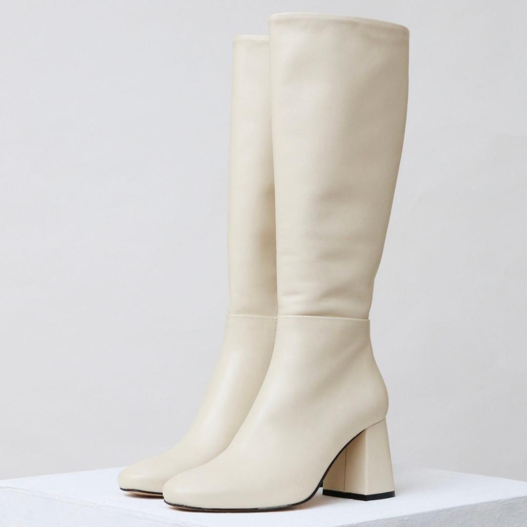 Souliers Martinez Pre-order QUINTANA - Off-White Leather Knee-High Boots 